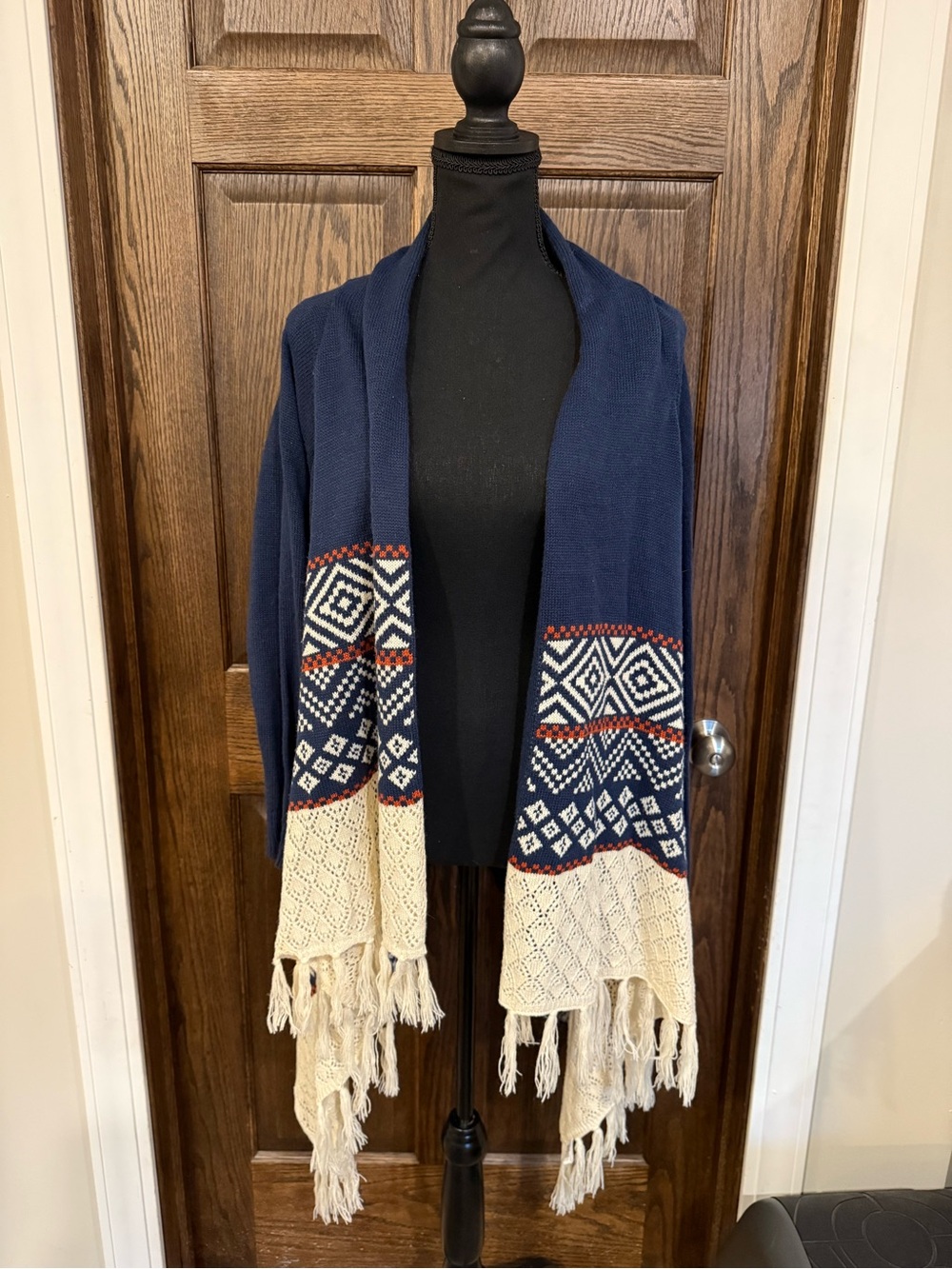 Altr’d State Navy and Cream Open-Front Fringe Cardigan Sweater XL